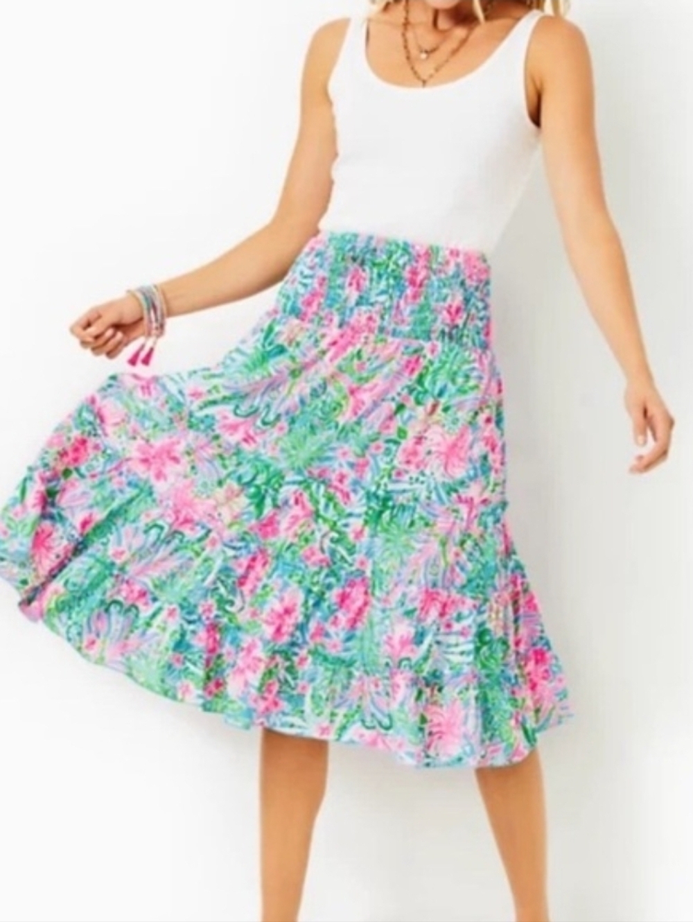 Lilly Pulitzer Deavan Midi Tiered Smocked Skirt Womens XL Leaf It Wild Colorful - Picture 2 of 11